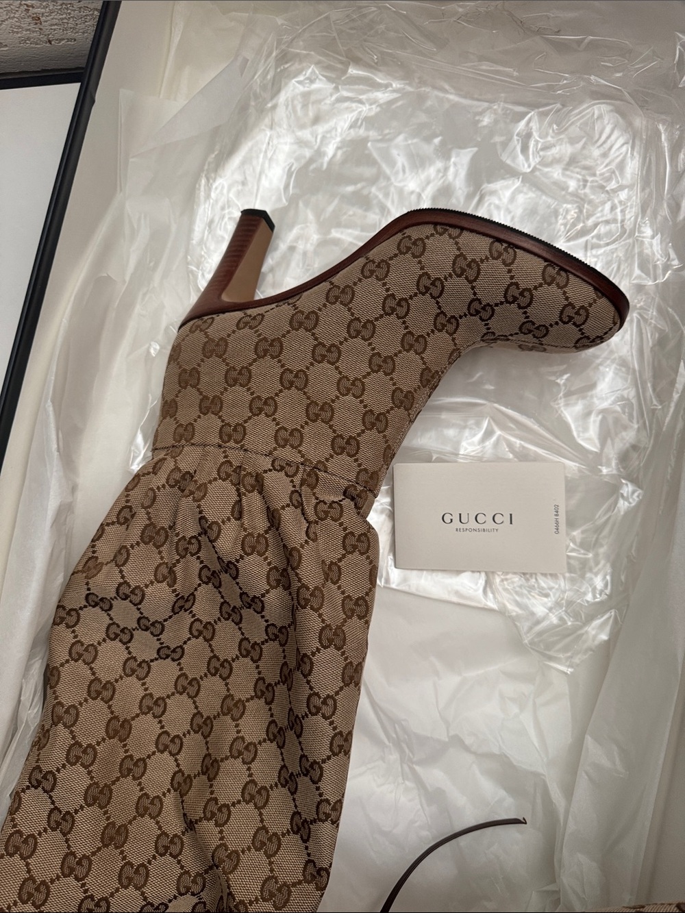 Gucci Brown GG Monogram Knee-High Drawstring Boots - Picture 6 of 8